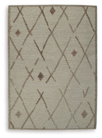 Beige rug with brown geometric diamond and X pattern, bordered edges, flat woven look.