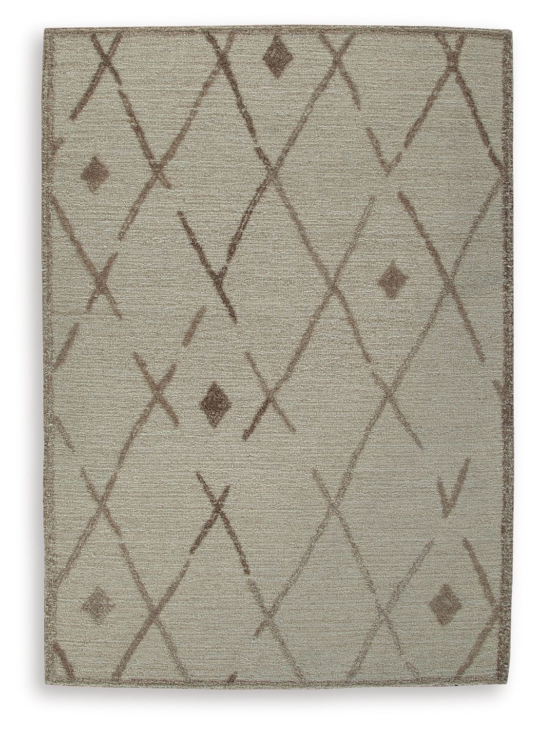 Beige rug with brown geometric diamond and X pattern, bordered edges, flat woven look.
