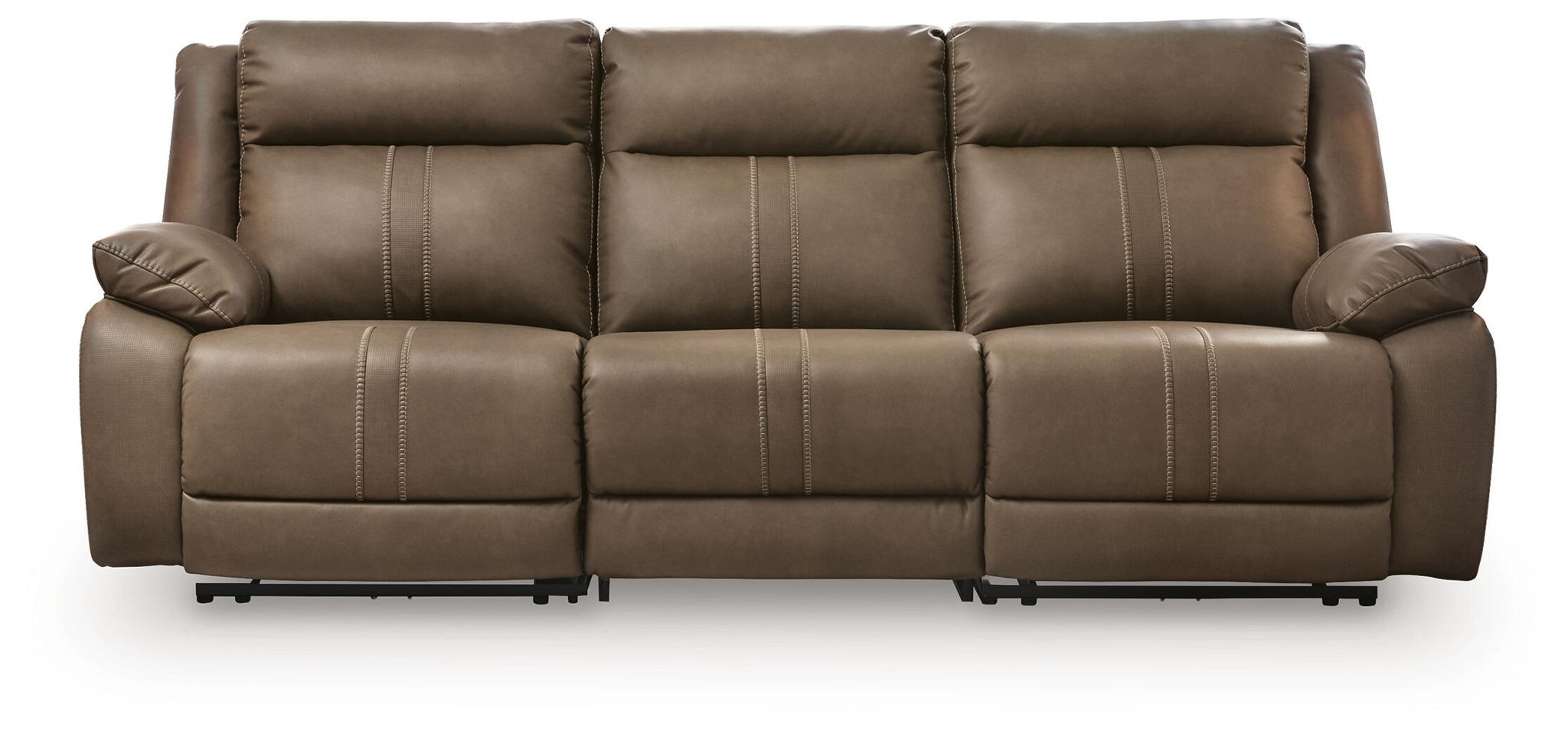 Taupe-brown power reclining loveseat with padded armrests and reclining seat backs