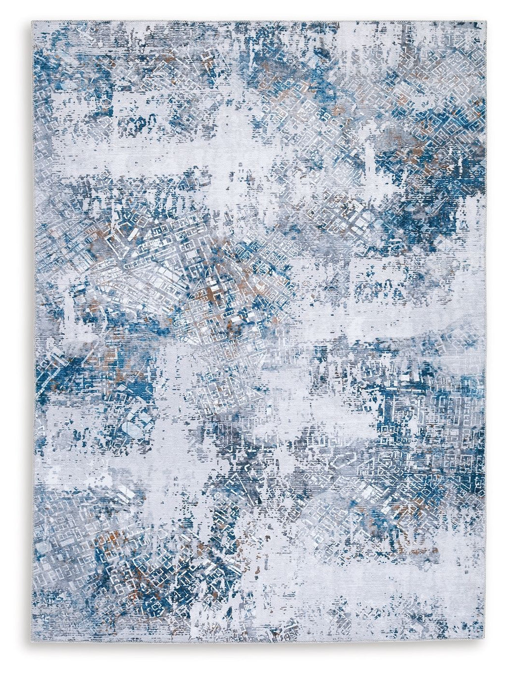 Abstract blue and white 5x7 area rug with distressed pattern
