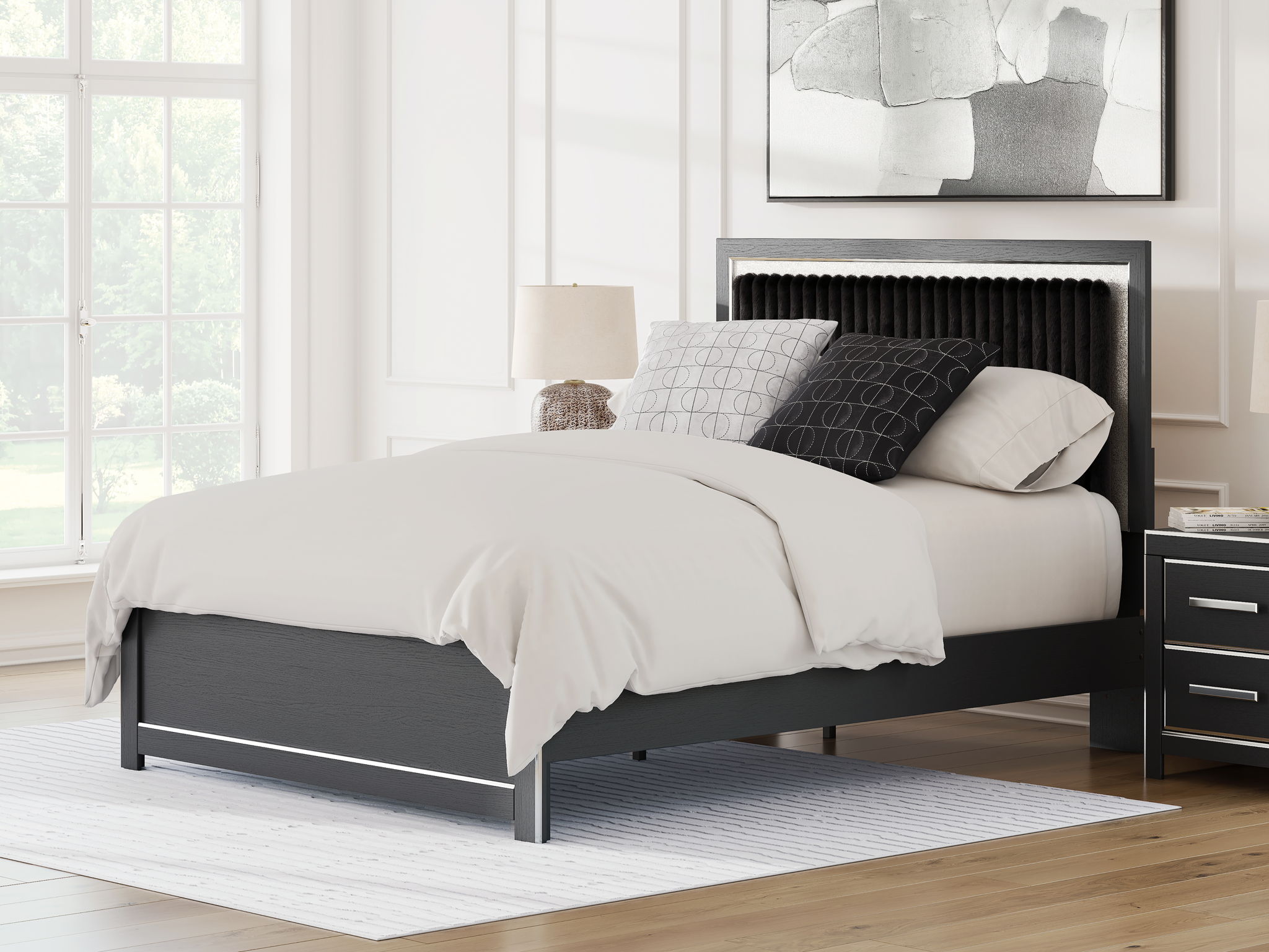 Dark upholstered panel platform bed with roll-slat headboard and side rails