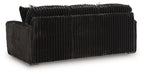Black corduroy sofa with track arms and a three-seat backrest, no visible cushions.