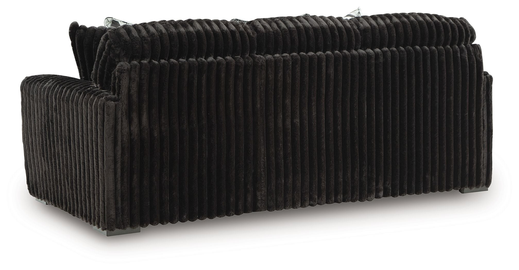 Black corduroy sofa with track arms and a three-seat backrest, no visible cushions.