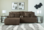 Dark brown corduroy-style reclining sectional sofa with chaise and tufted seat cushions
