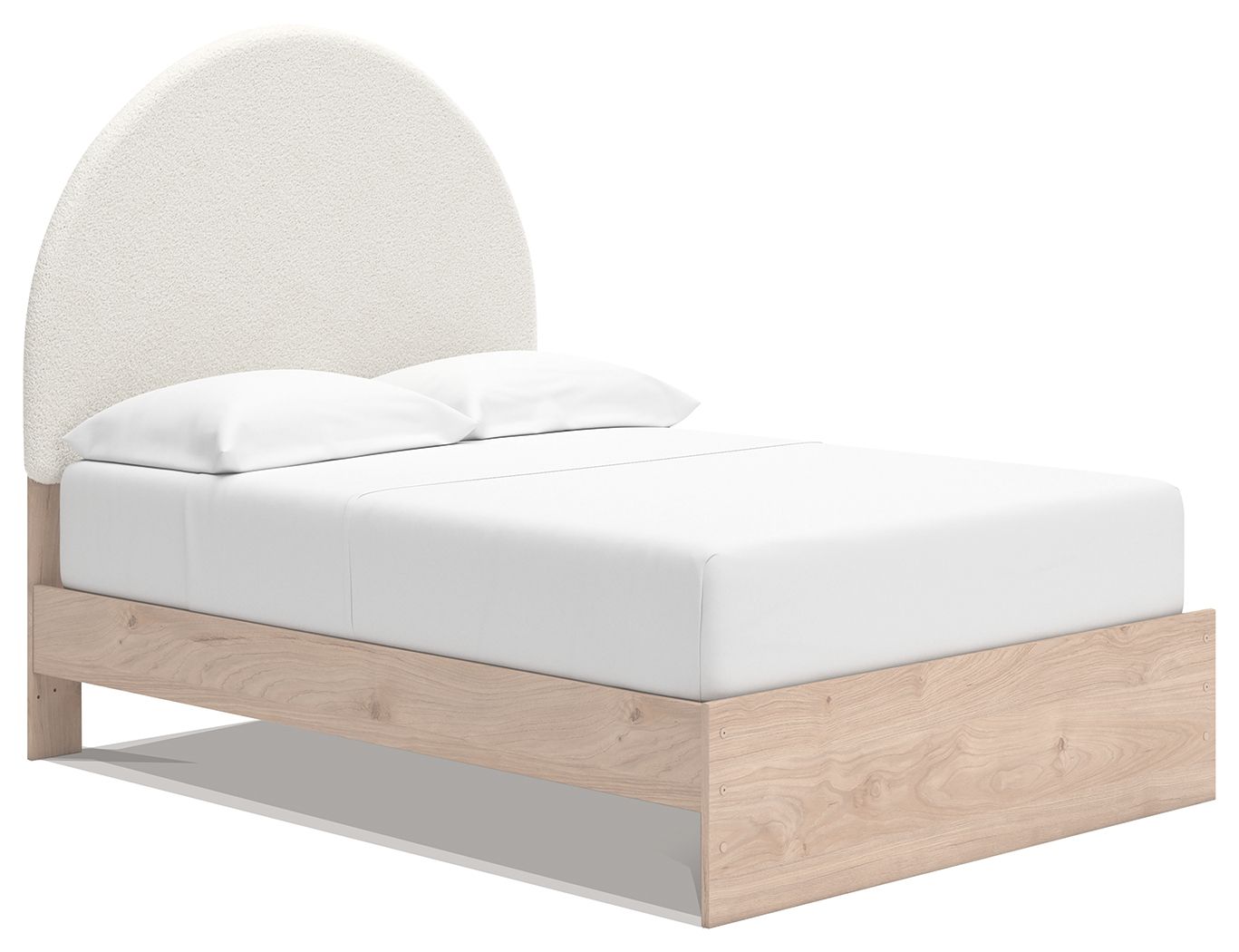 Upholstered panel bed with beige arched headboard, white mattress platform, open side view