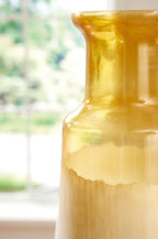 Tall amber vase with narrow waist and glossy ombre glaze toward pale body
