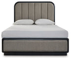 Dark gray upholstered panel bed with padded headboard and base