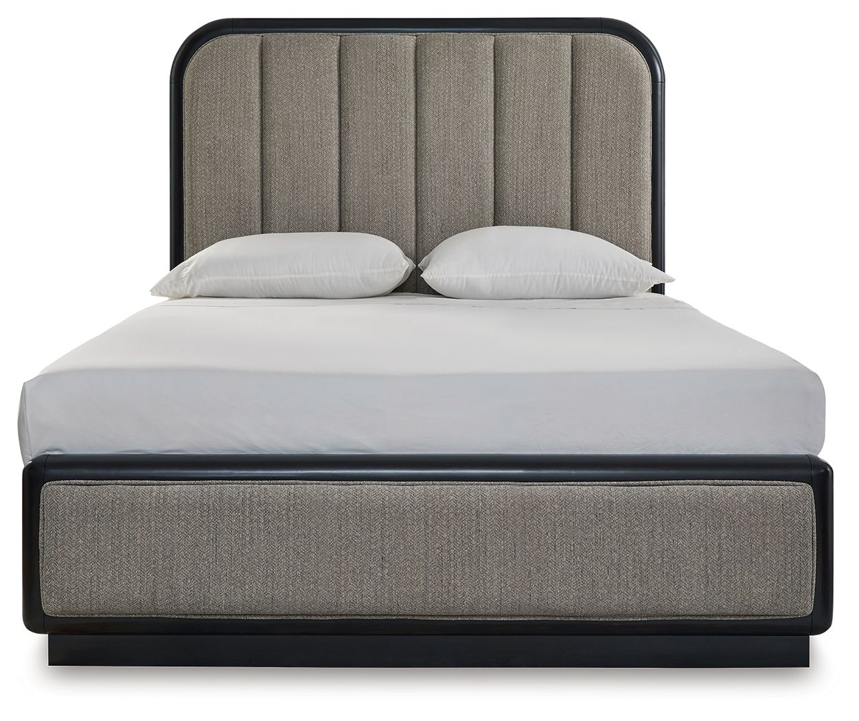 Dark gray upholstered panel bed with padded headboard and base