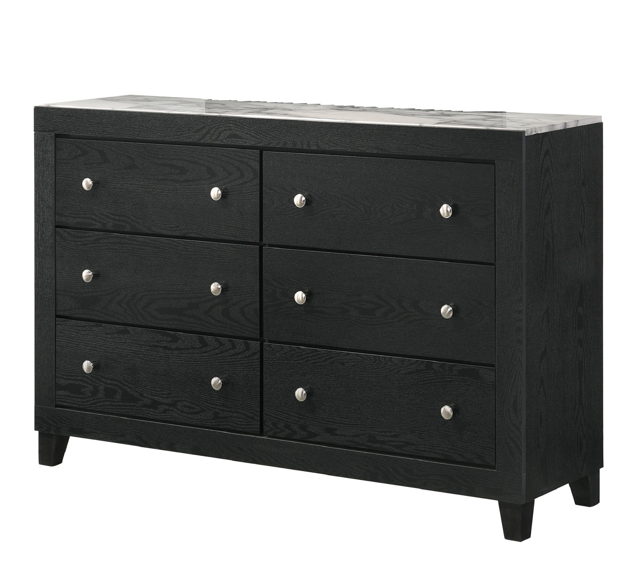 Modern White Marble Top 6-Drawer Dresser - Black Finish