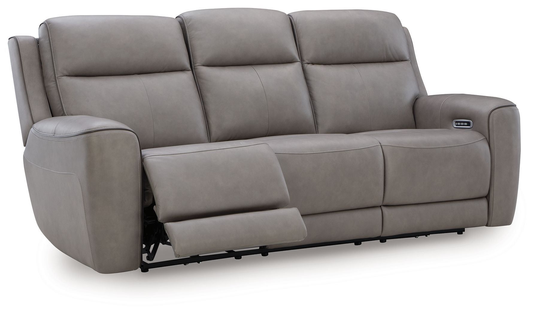 Power reclining sofa with adjustable headrests, light gray fabric, padded arms
