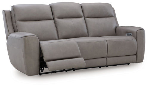 Power reclining sofa with adjustable headrests, light gray fabric, padded arms