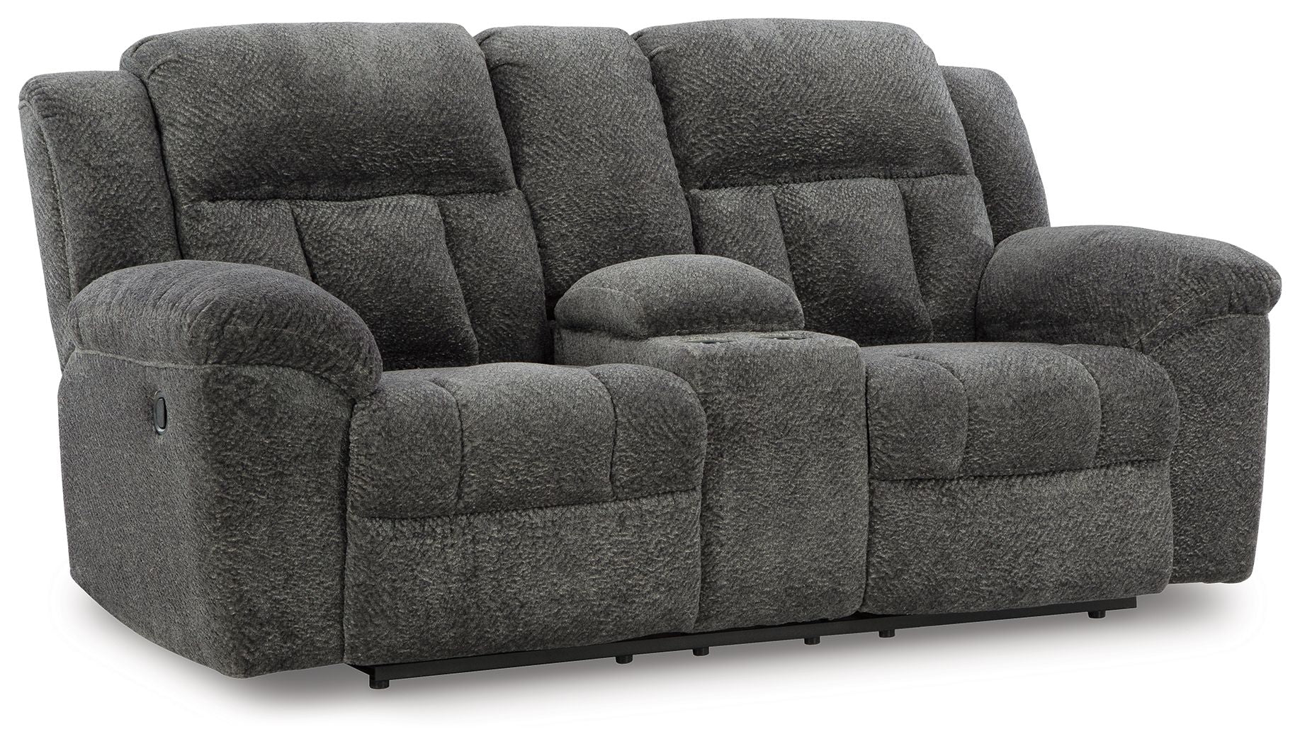 Dark gray double reclining loveseat with padded arms and tufted seat and back cushions