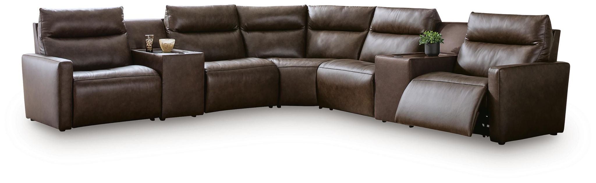 Dark brown power reclining sectional sofa with two reclined seats and chaise