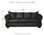 Dark sofa with three seat cushions, channel back, and rolled arms; side view