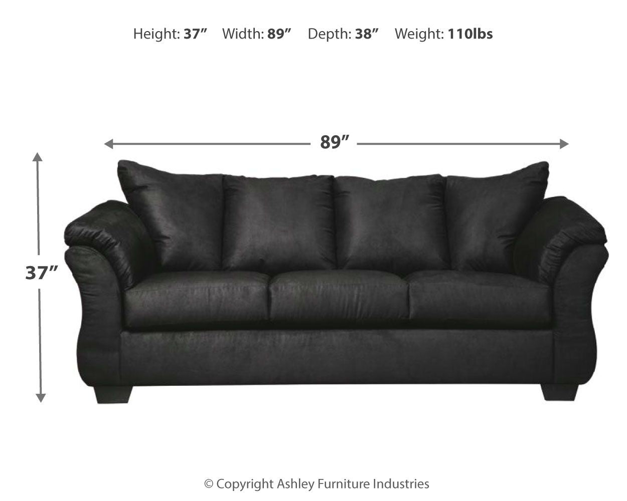 Dark sofa with three seat cushions, channel back, and rolled arms; side view