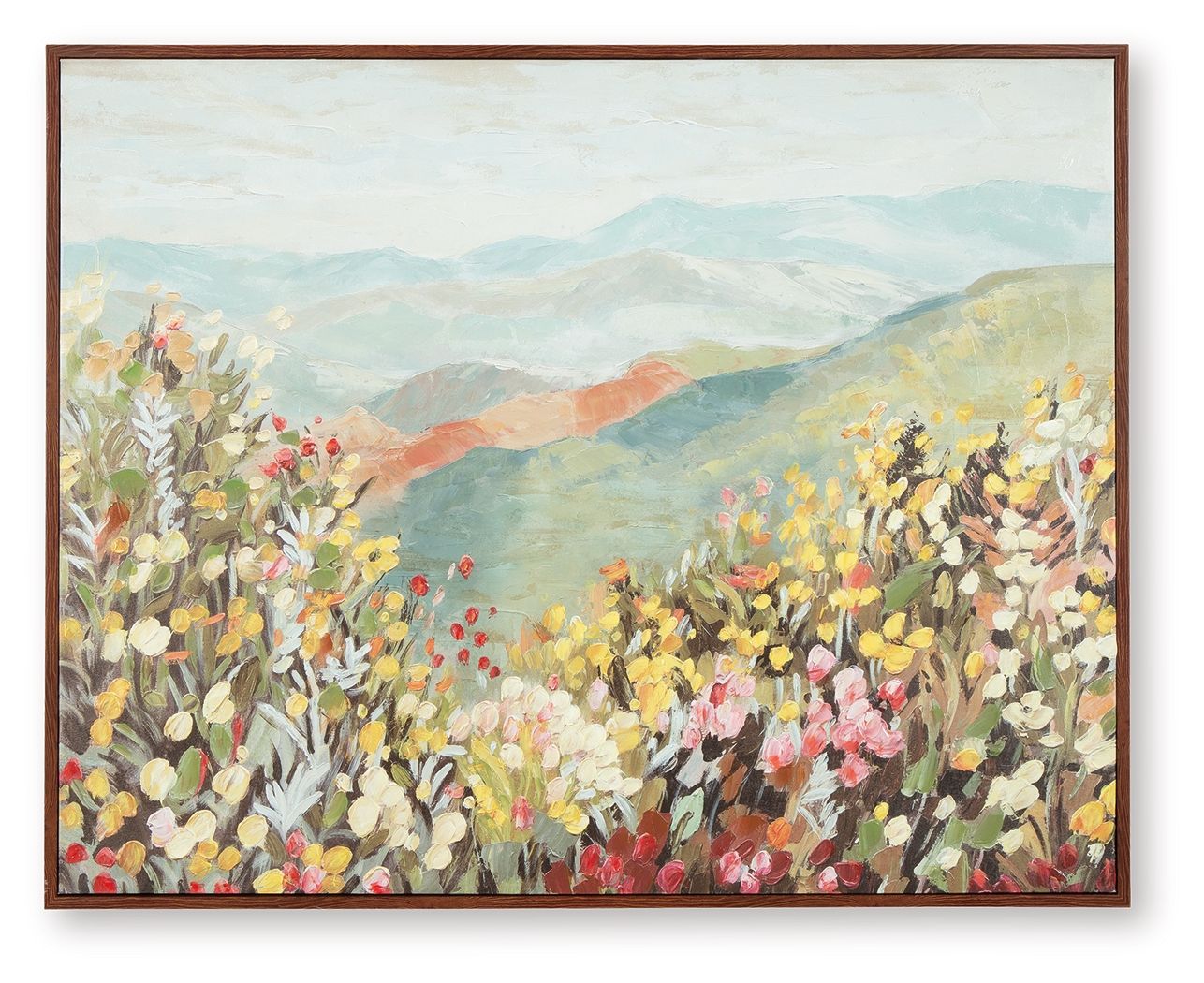 Pryorley framed wall art with multicolor floral landscape and mountains