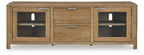 Light brown extra large TV stand with two glass-pane doors and center drawer