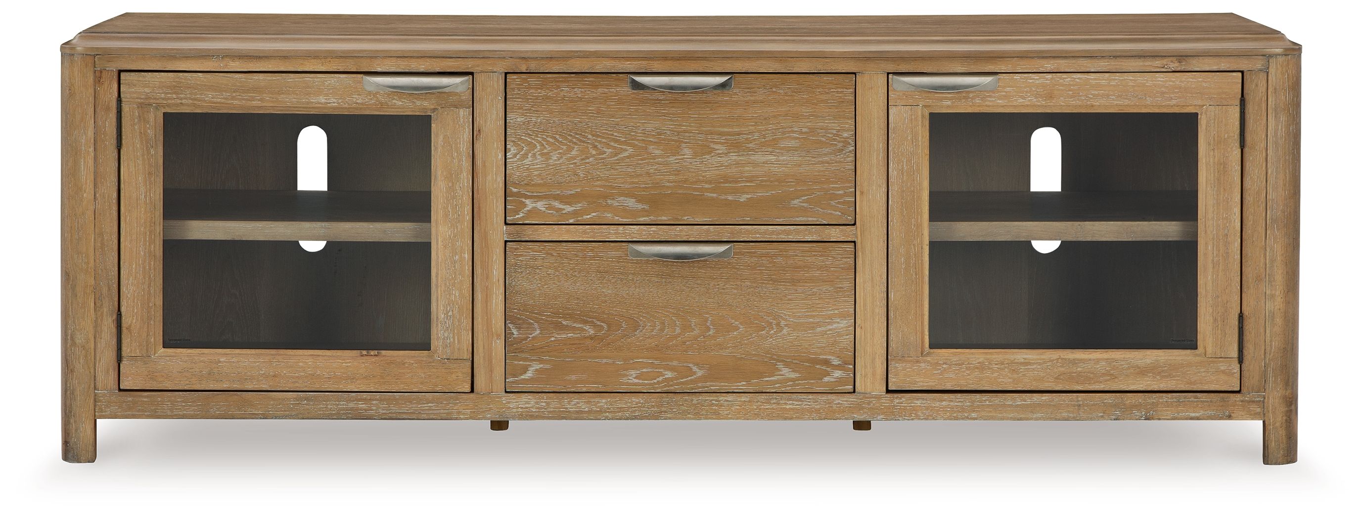 Light brown extra large TV stand with two glass-pane doors and center drawer