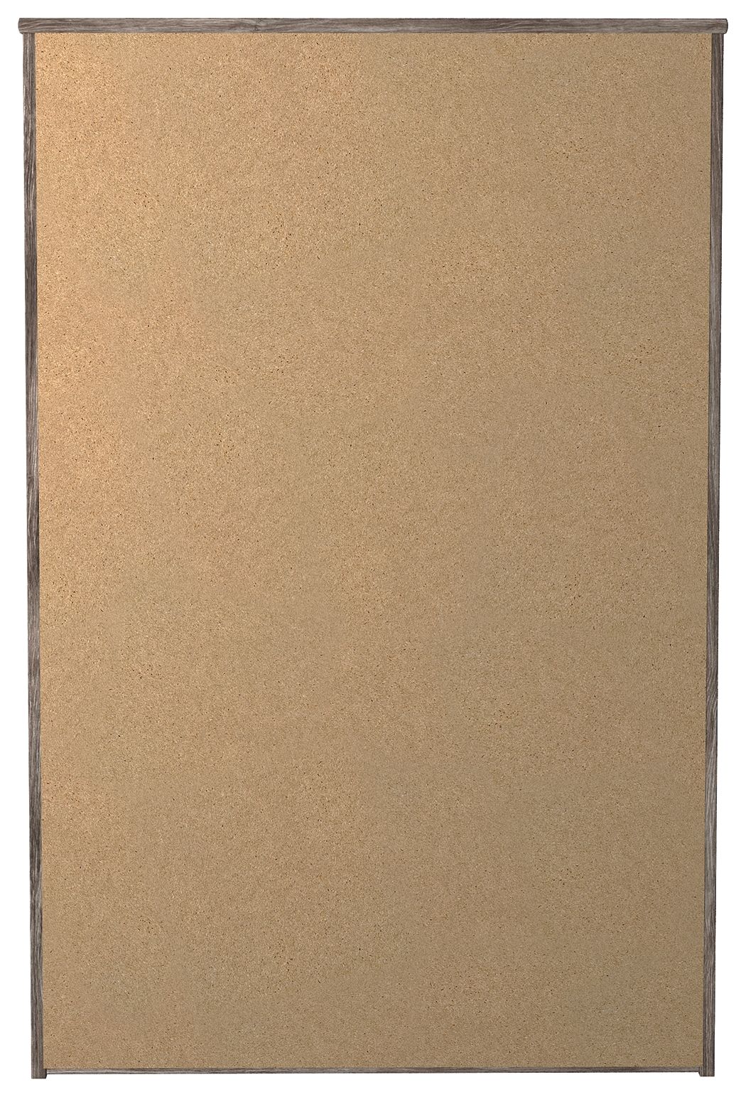 Gray four-drawer chest back panel with a plain flat surface and frame edges