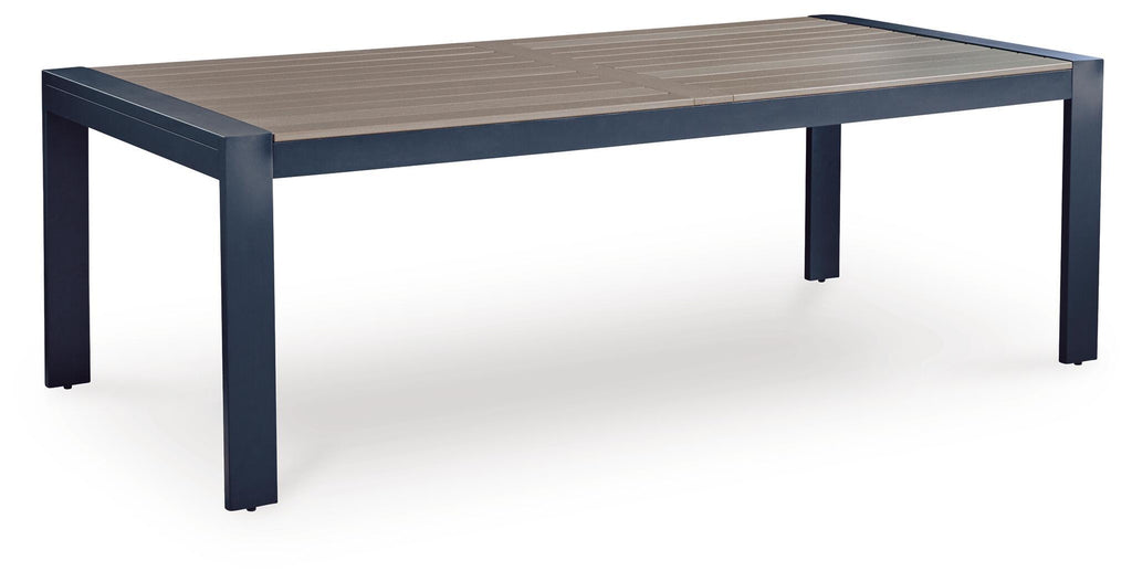 Blue rectangular dining table with tabletop and four squared legs