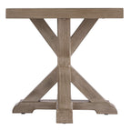 Beige square end table with flat top and central X-cross wooden legs