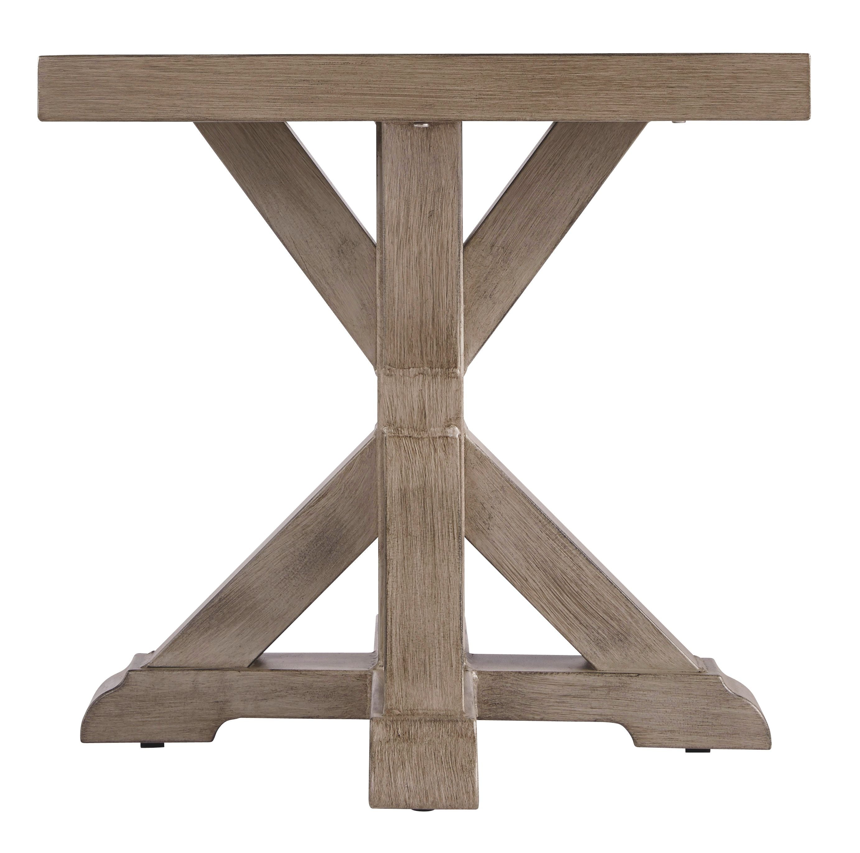 Beige square end table with flat top and central X-cross wooden legs