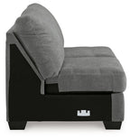 Gray armless loveseat with side panel and dark block legs