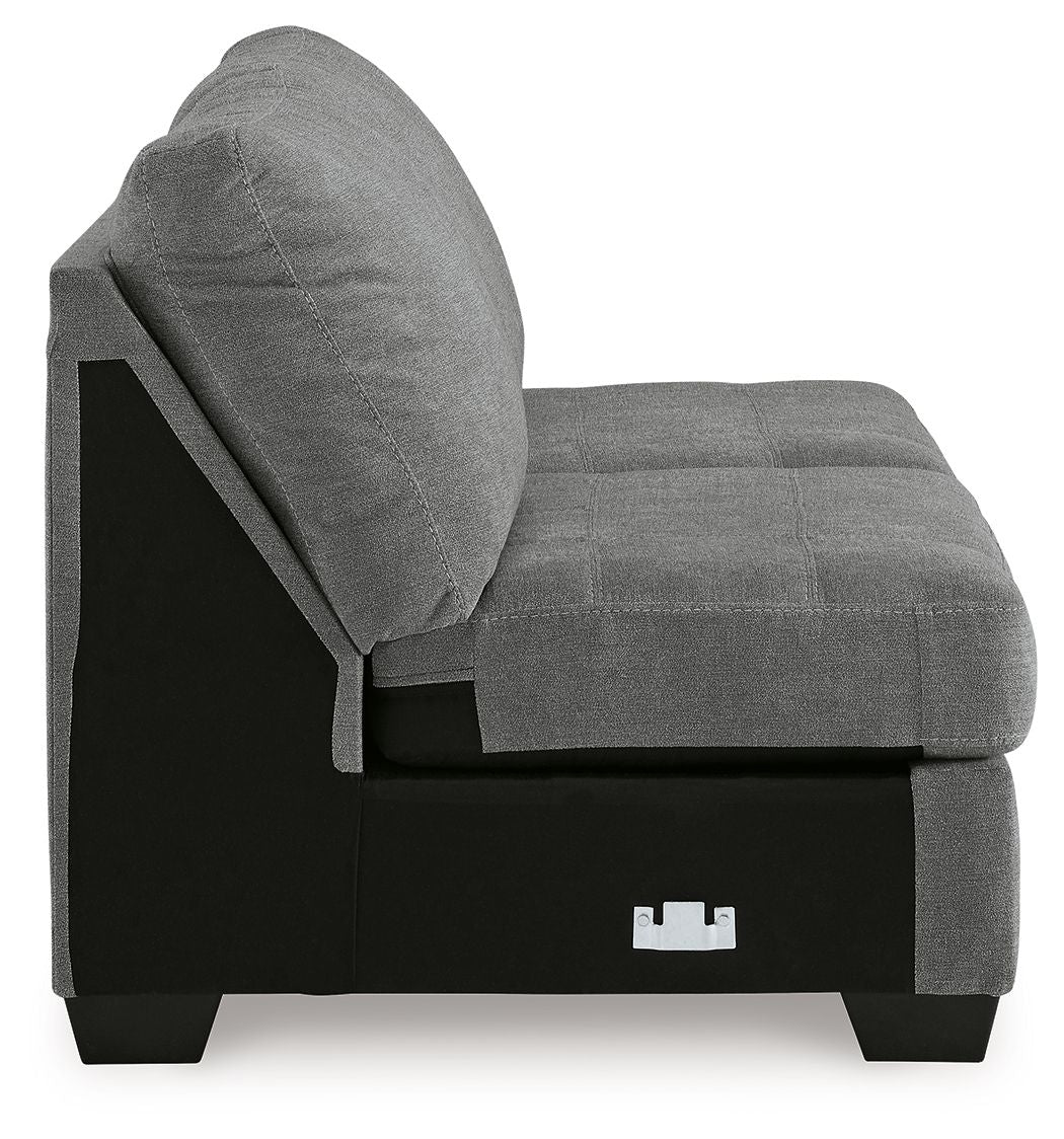 Gray armless loveseat with side panel and dark block legs