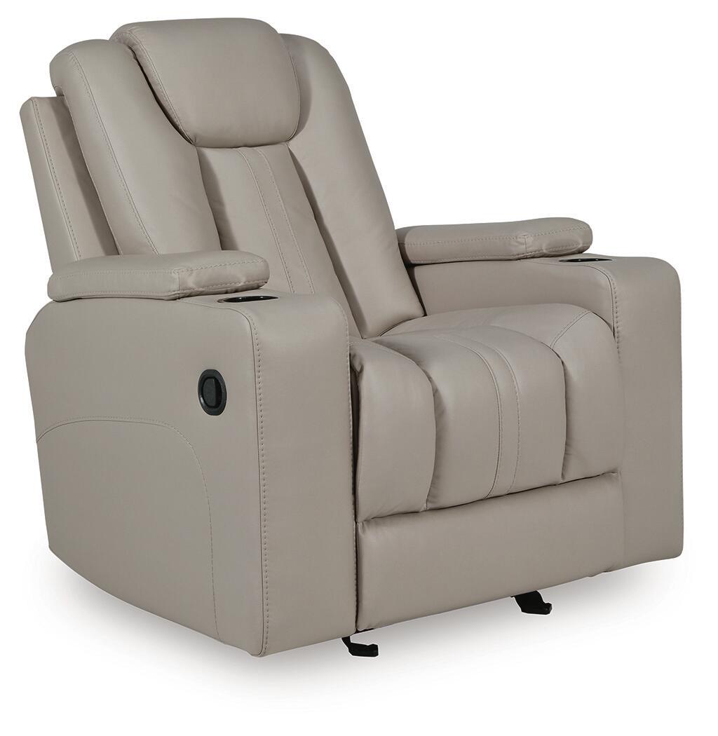 Light gray leather recliner with padded armrests, high backrest, and built-in footrest