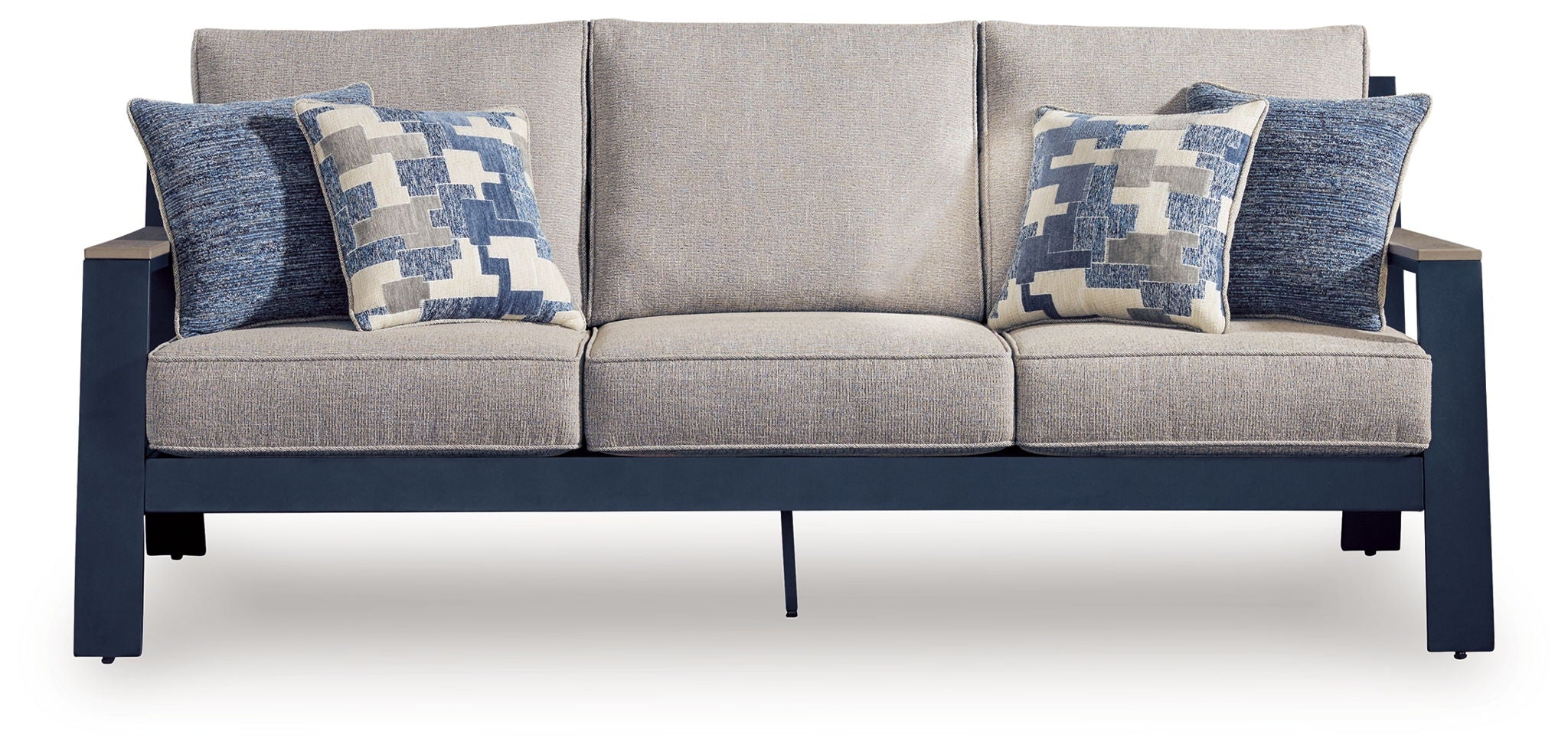 Outdoor sofa with light gray seat cushions and two blue patterned back pillows