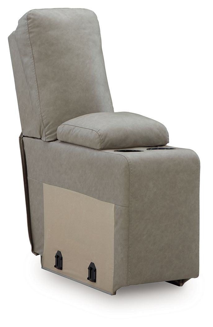 Console with storage chair in pebble gray fabric, upholstered arms and front panel doors