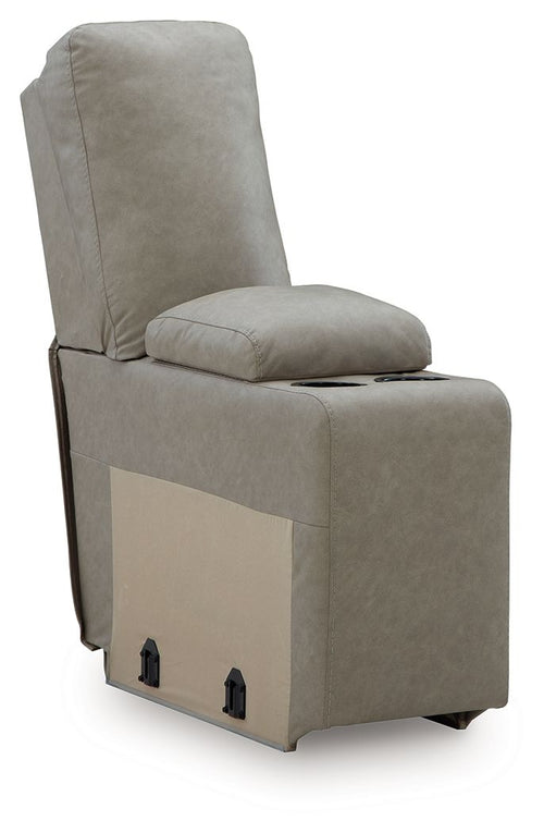 Console with storage chair in pebble gray fabric, upholstered arms and front panel doors
