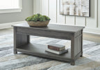 Grayish brown coffee table with open lower shelf and rectangular top