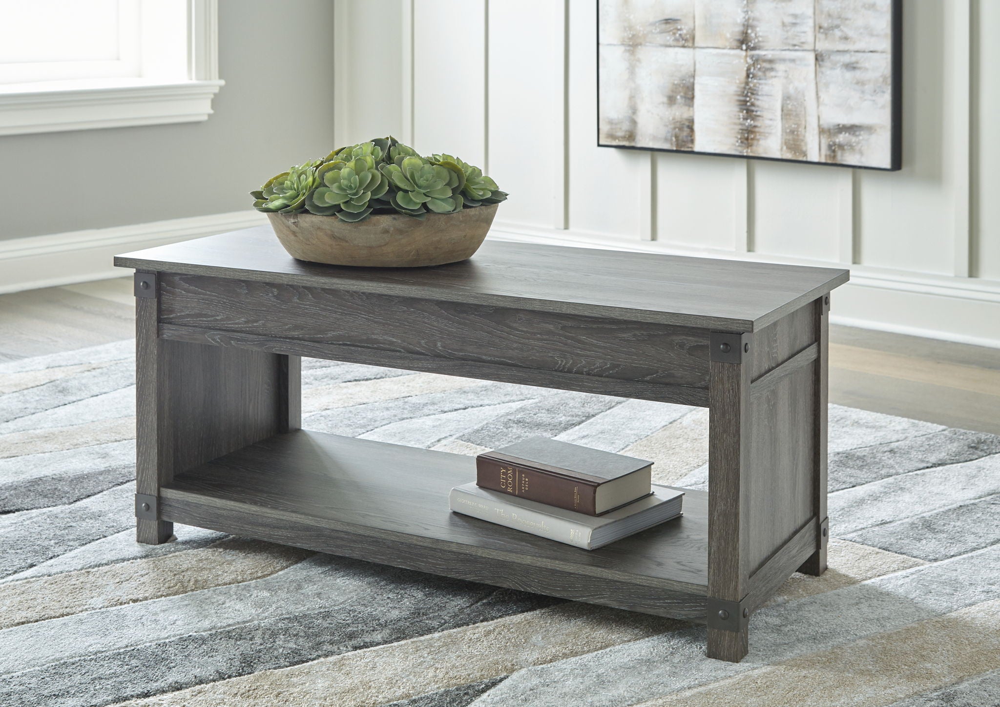 Grayish brown coffee table with open lower shelf and rectangular top