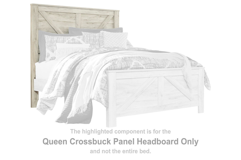 Queen crossbuck panel headboard, whitewash wood finish, tall rectangular design.