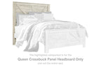 Queen crossbuck panel headboard, whitewash wood finish, tall rectangular design.