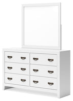 White dresser with attached rectangular mirror and six drawers, bronze cup handles