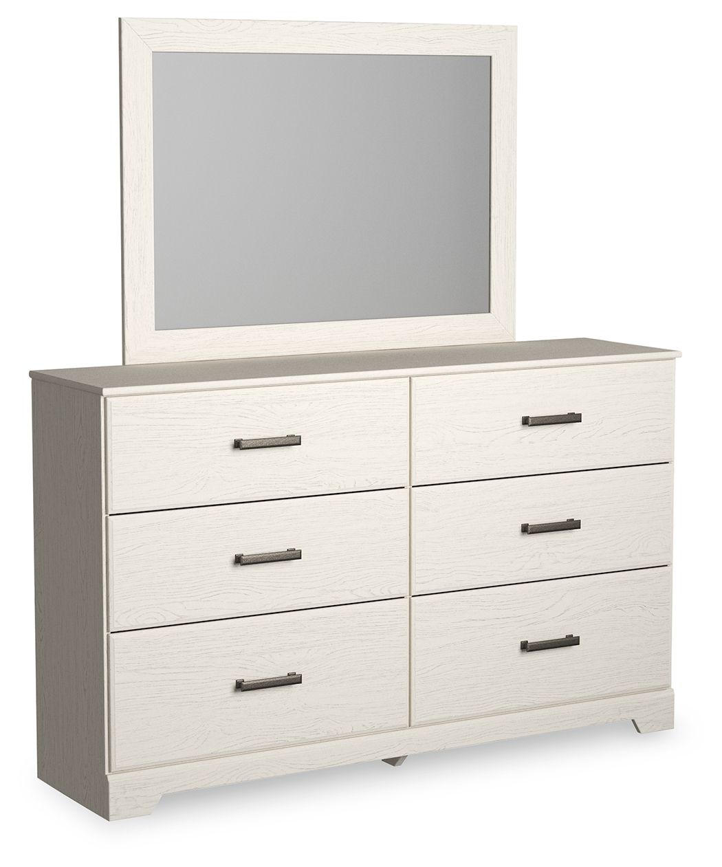 White dresser with rectangular mirror, three top drawers and lower cabinet doors