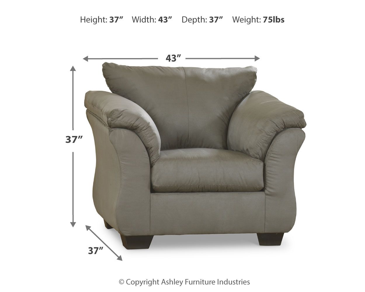 Arm chair size diagram showing height 37 in, width 43 in, depth 37 in