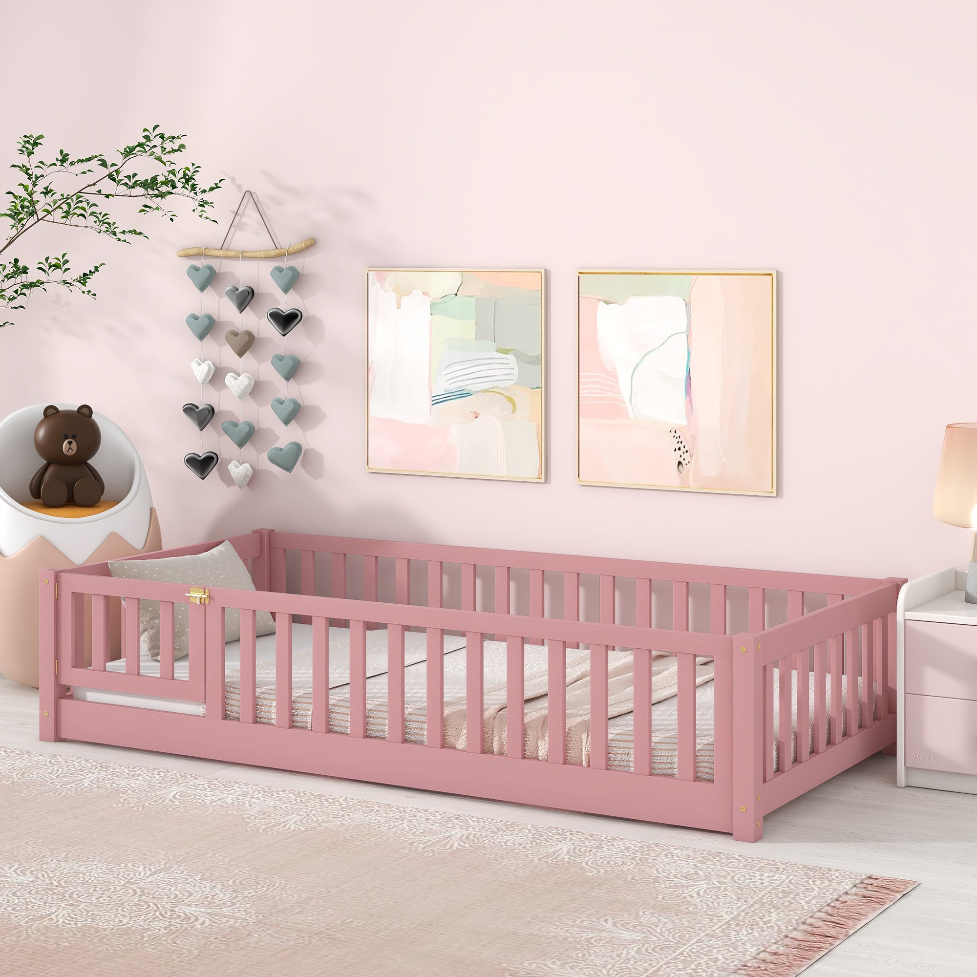 Pink Twin Platform Bed w/ Fence & Door