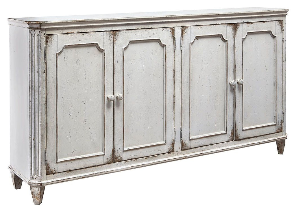 Antique white accent cabinet with four panel doors and metal knobs