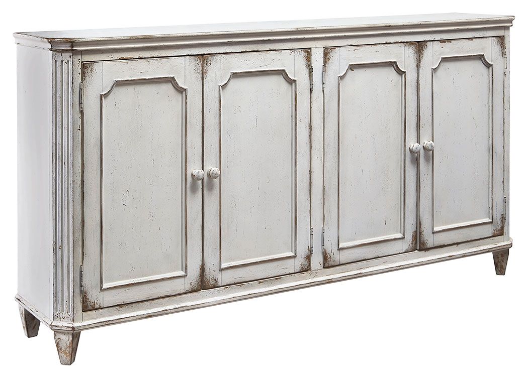 Antique white accent cabinet with four panel doors and metal knobs