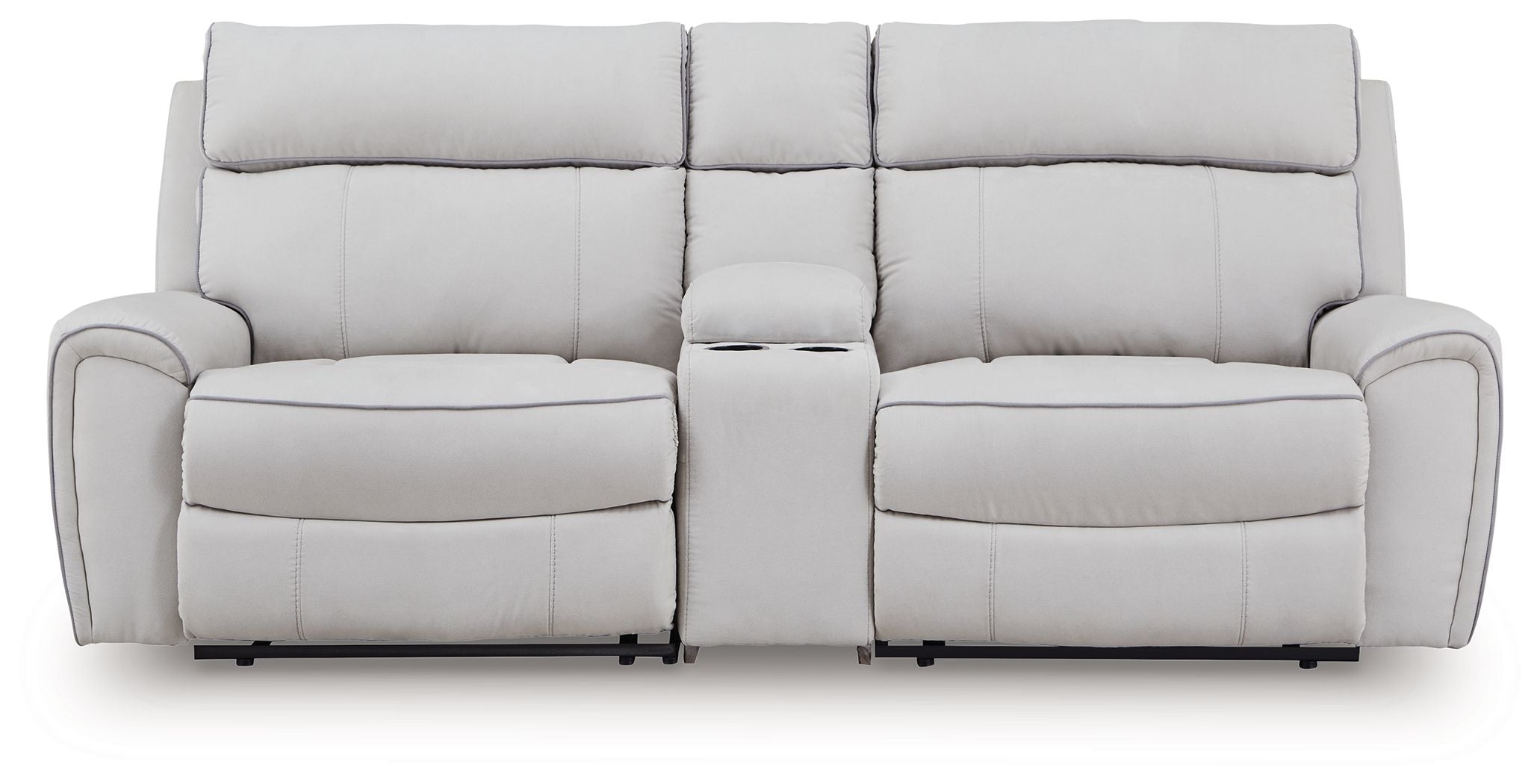 Light gray reclining sectional sofa with two seat sections and cushioned headrests