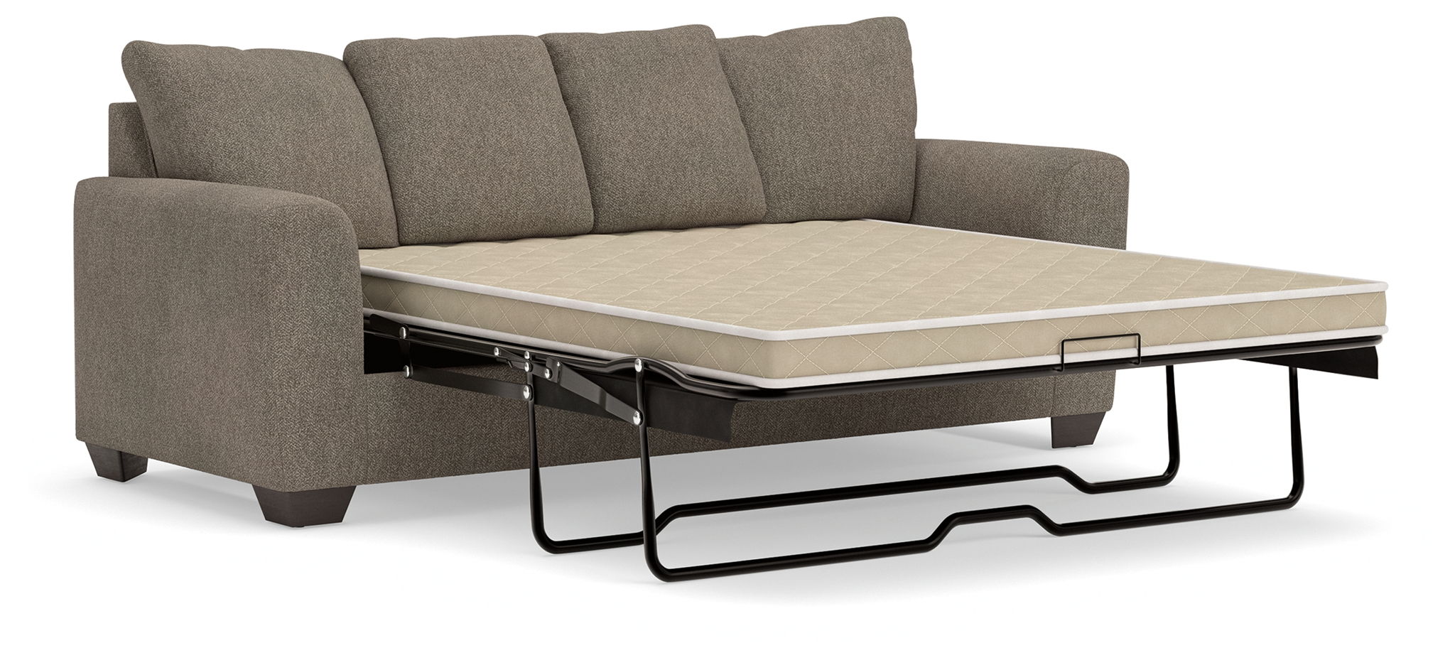Gray queen sofa sleeper showing pull-out bed frame and beige mattress panel