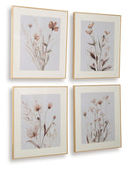 Set of 4 framed botanical prints with beige frames and blush-gray flower illustrations