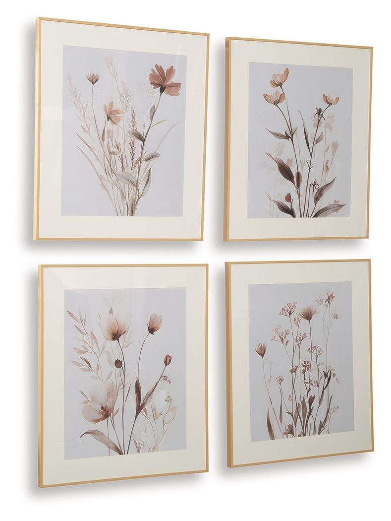 Set of 4 framed botanical prints with beige frames and blush-gray flower illustrations