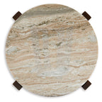 Round marble-like tabletop with four dark corner supports
