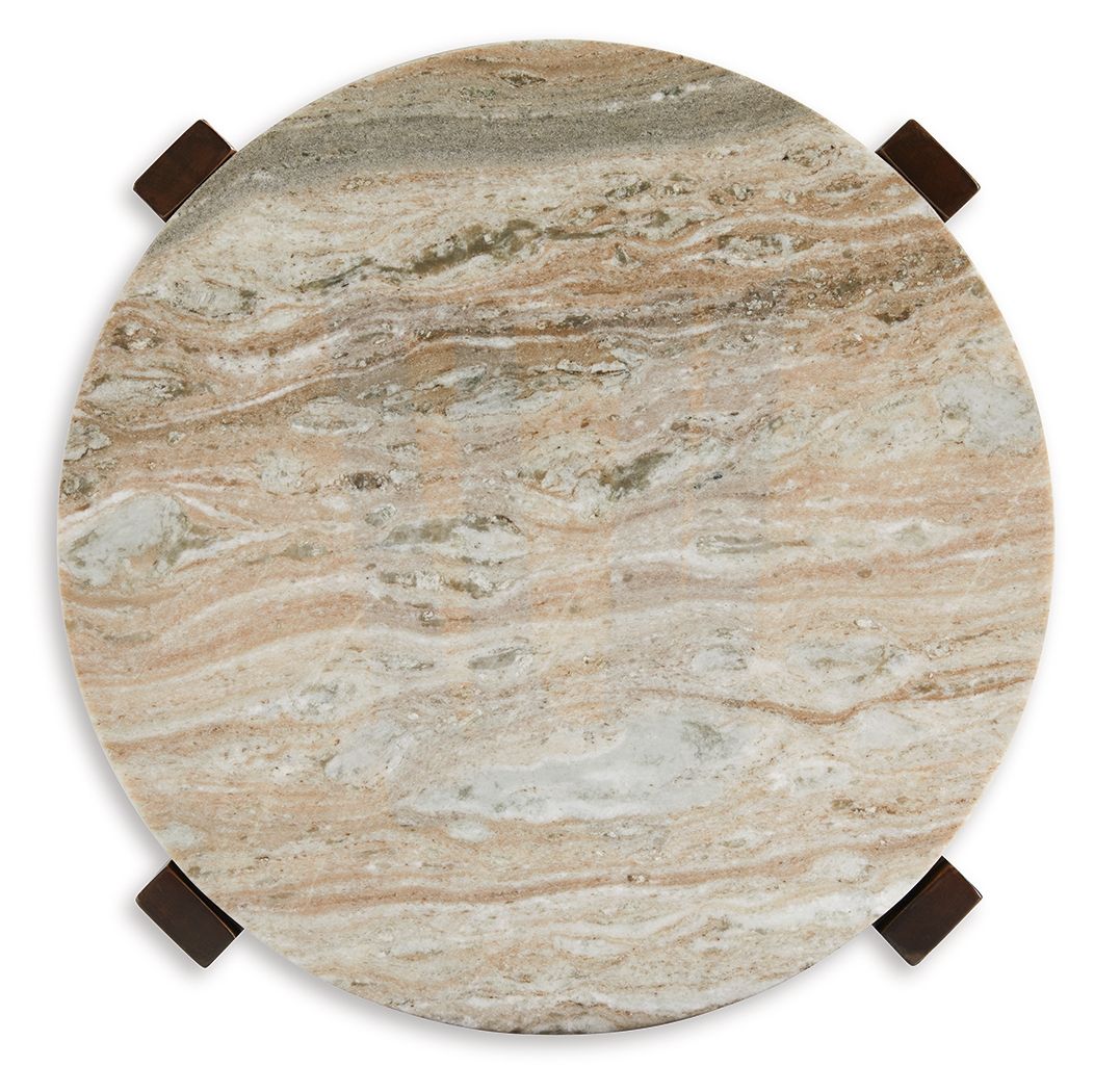 Round marble-like tabletop with four dark corner supports