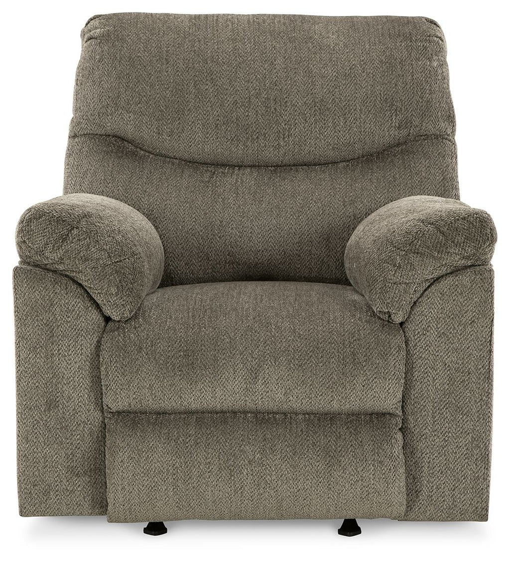 Alphons rocker recliner in putty fabric with tall back and rounded arms, front view