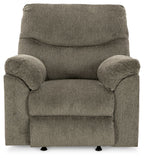 Alphons rocker recliner in putty fabric with tall back and rounded arms, front view